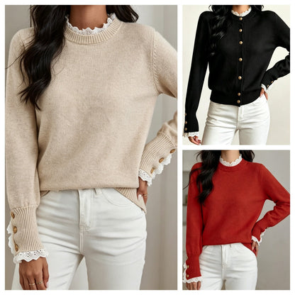 Damen-Strickpullover mit Spitzendetails und rundem Ausschnitt in der Vorderansicht