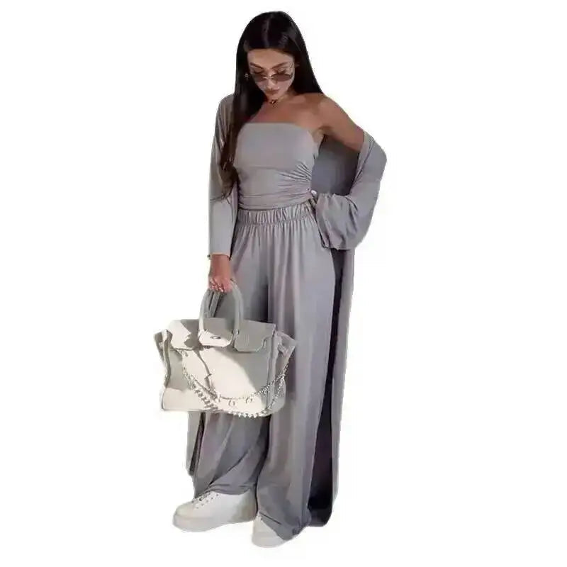 Damen Trägerloses Strick-Top mit Cardigan und weiten Hosen Set
