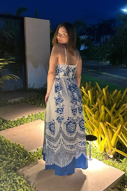 Spaghettiträger Polyester Midi Kleid Blau