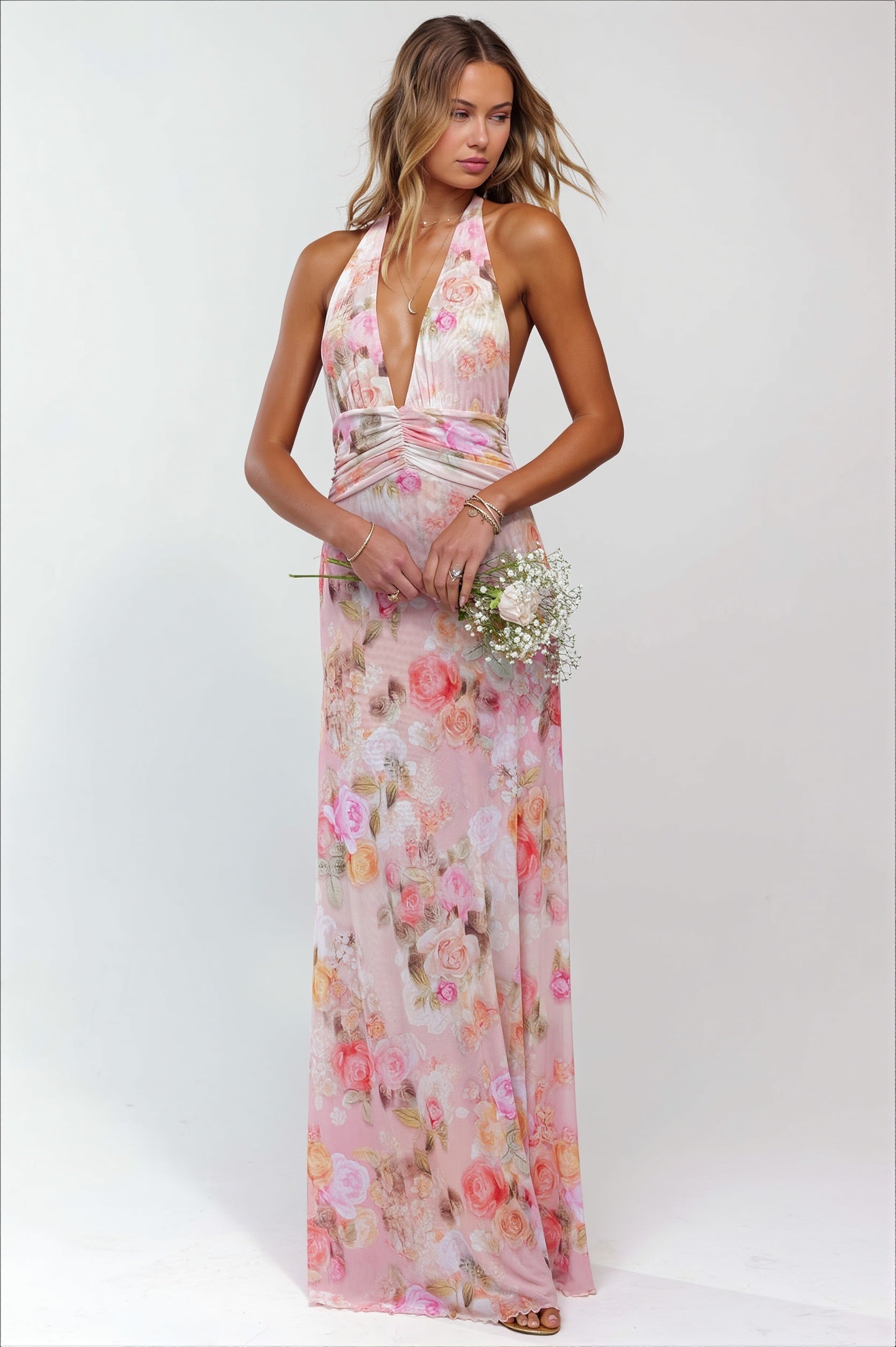 Damen Maxi Kleid mit Print und Halter-Ausschnitt in Seitenansicht