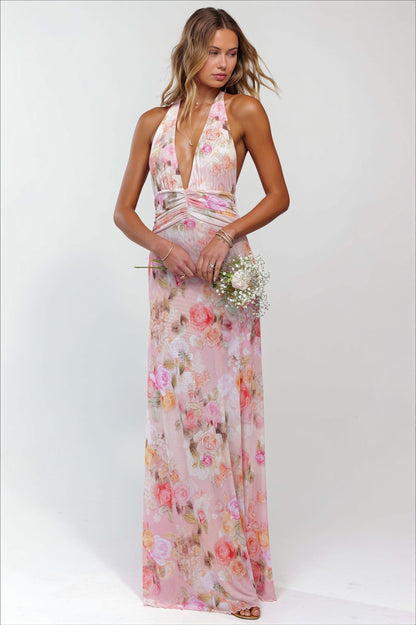 Damen Maxi Kleid mit Print und Halter-Ausschnitt in Seitenansicht