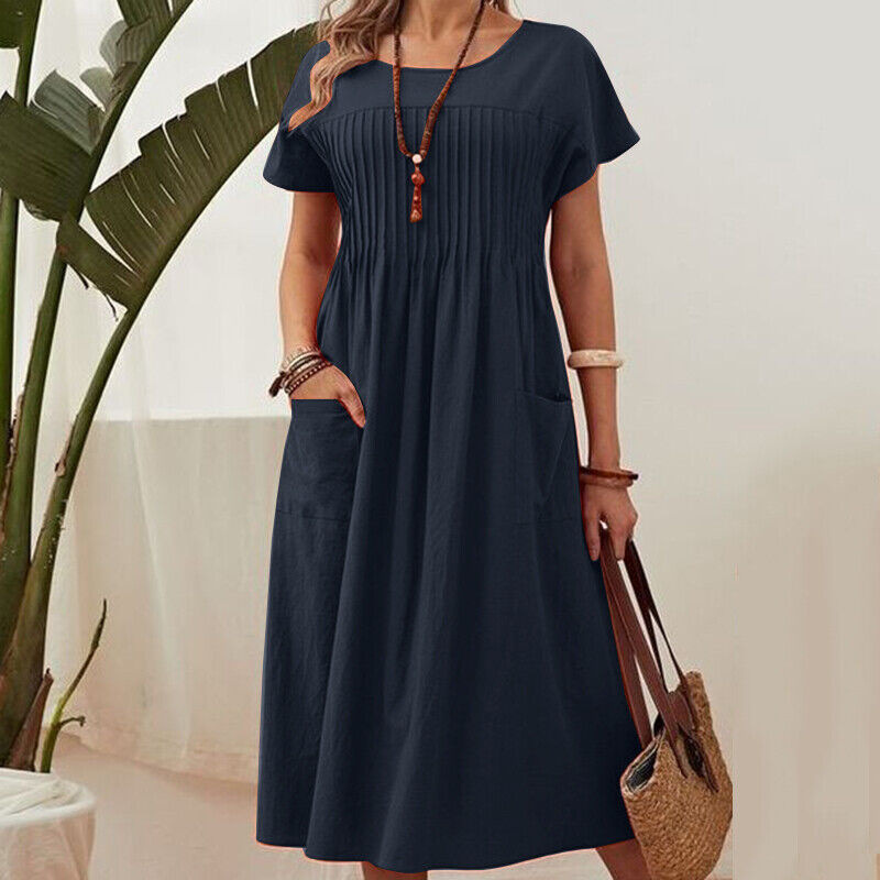 Plissiertes Midikleid mit kurzen Ärmeln und Taschen