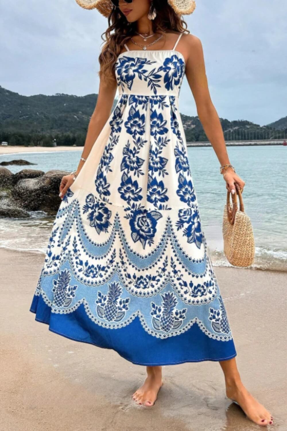 Spaghettiträger Polyester Midi Kleid Blau
