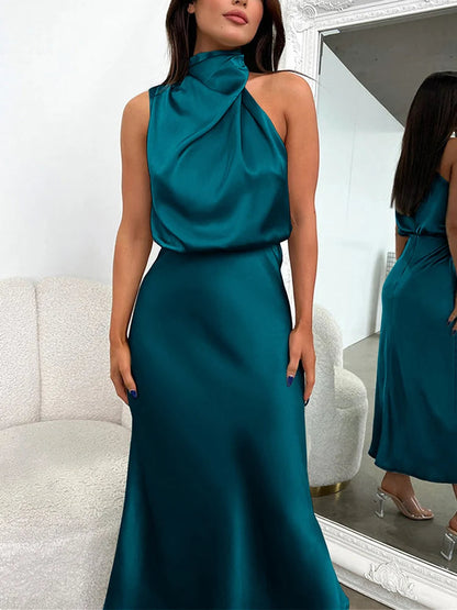 Damen Satin Midi Kleid Asymmetrischer Ausschnitt Abendkleid
