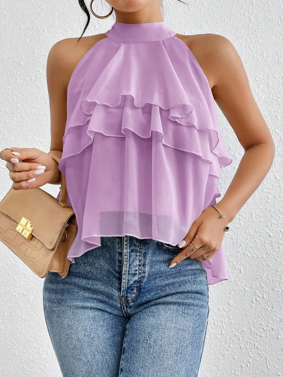 Ärmelloses Damen-Tanktop mit Halterneck, Detailansicht des Volants