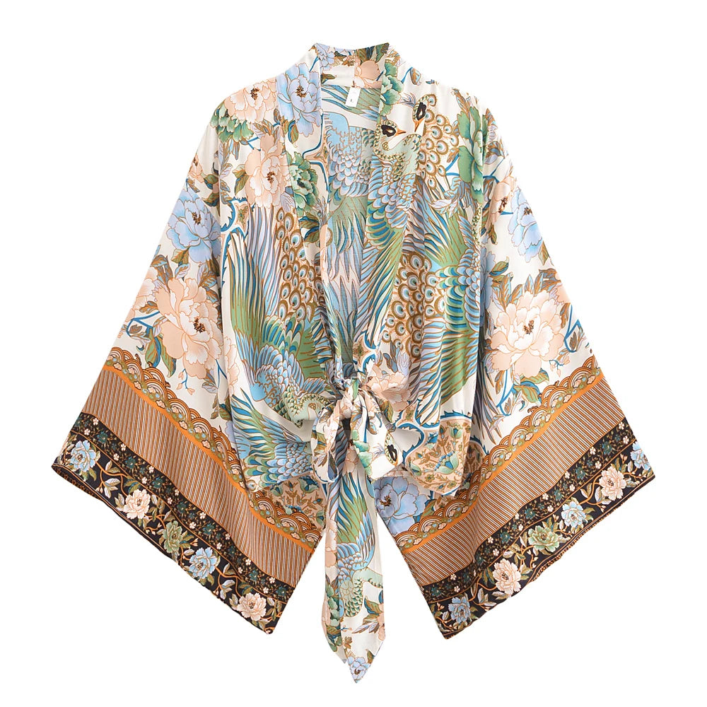 Damen Rayon Kurz Kimono mit Blumenmuster Strandüberwurf