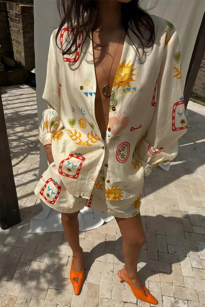 Damen Zweiteiler mit Blumenmuster und Reverskragen