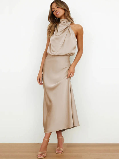 Damen Satin Midi Kleid Asymmetrischer Ausschnitt Abendkleid