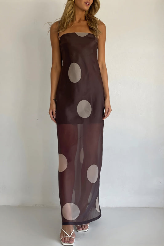 Damen Maxikleid mit Polka Dots, trägerlos und figurbetont, Vorderansicht