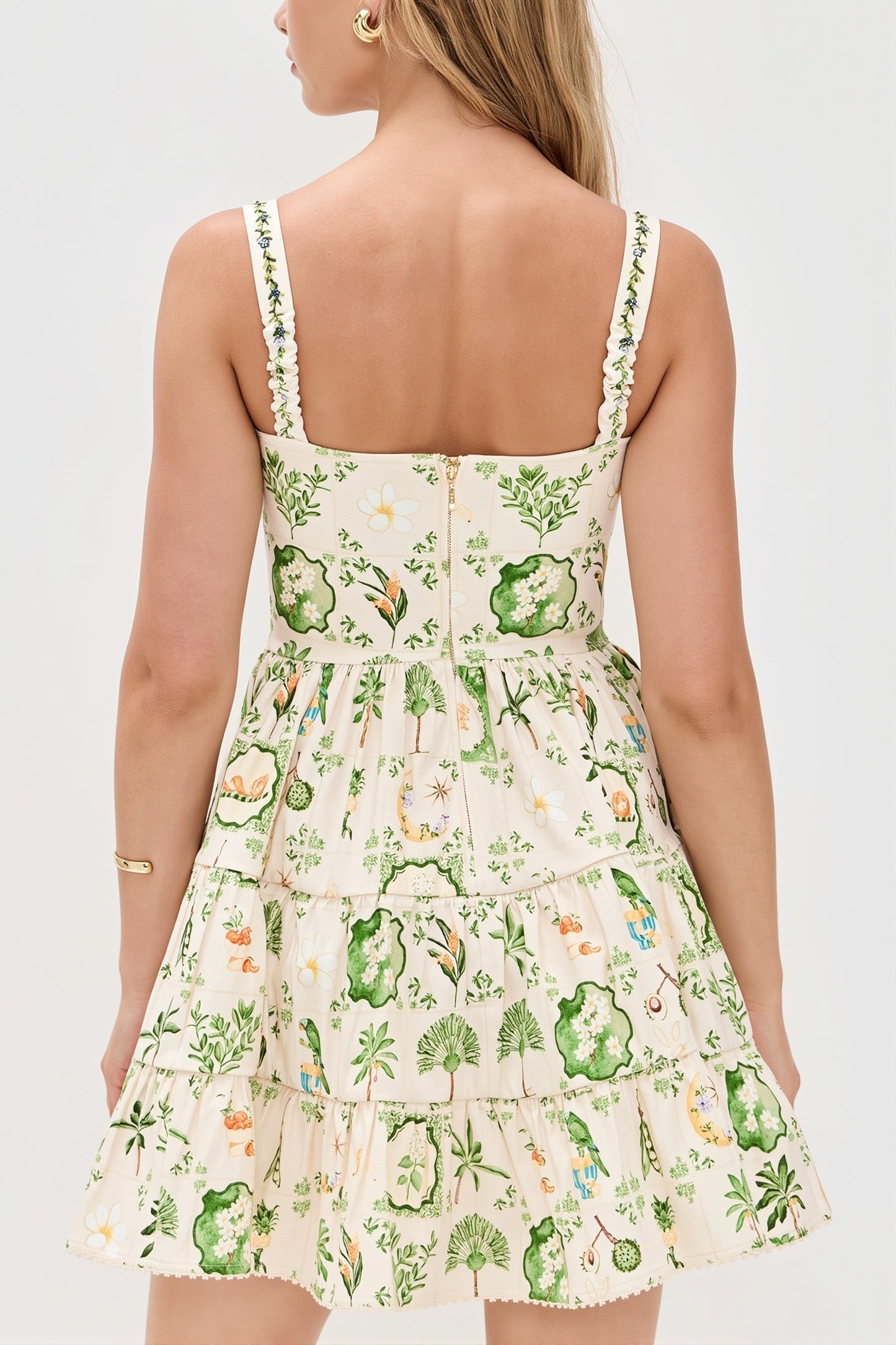 Damen-Midikleid mit Pflanzenprint und eckigem Ausschnitt in Rückansicht