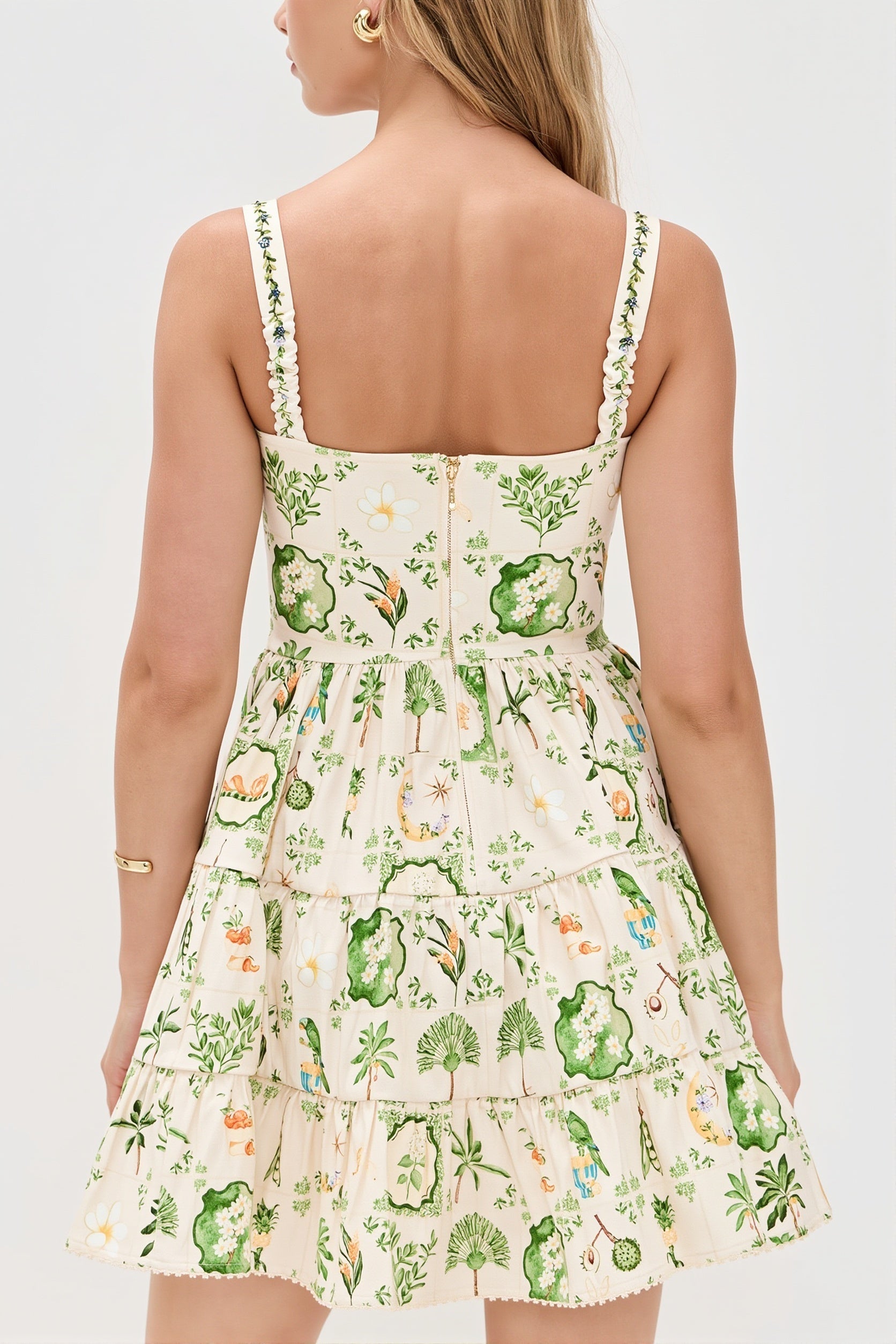 Damen-Midikleid mit Pflanzenprint und eckigem Ausschnitt in Rückansicht