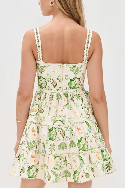 Damen-Midikleid mit Pflanzenprint und eckigem Ausschnitt in Rückansicht
