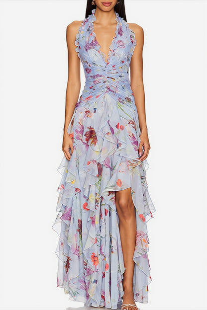 Damen Chiffon Maxikleid Mit Blumenprint Und Stufenrock