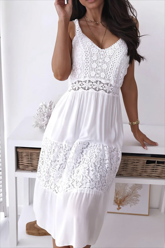 Damen Midi Kleid im Boho-Stil mit Spitzeneinsatz und V-Ausschnitt vorne
