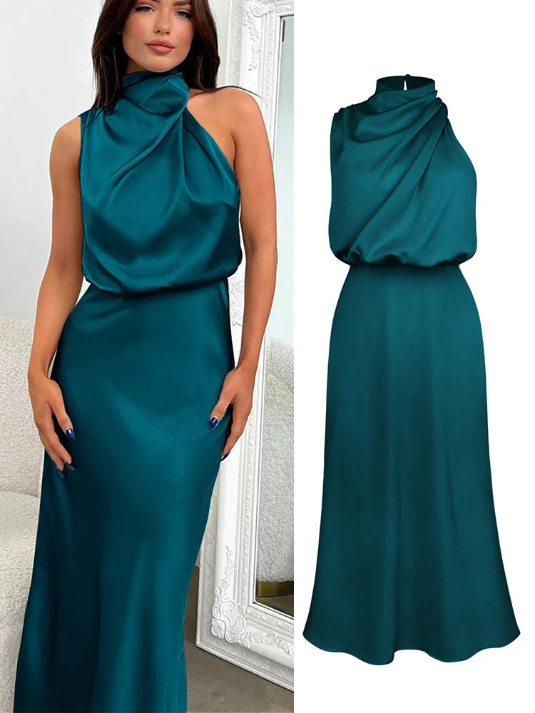 Damen Satin Midi Kleid Asymmetrischer Ausschnitt Abendkleid