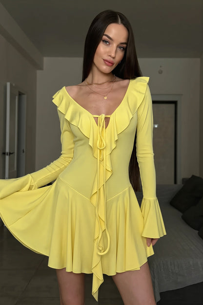 Damen Bodycon Minikleid Mit Volants Und V Ausschnitt