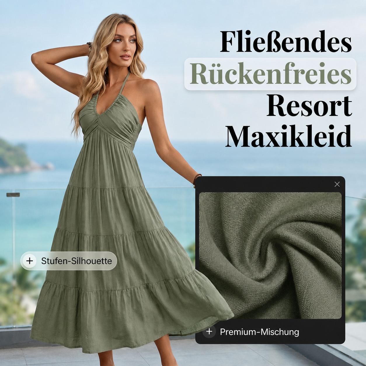 Rückenfreies Maxikleid mit Neckholder und fließendem Fall