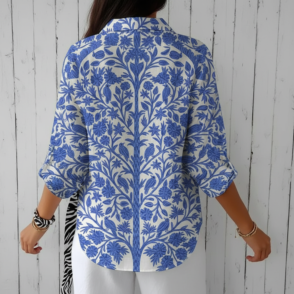 Bluse für Damen mit blauem Gartenmuster