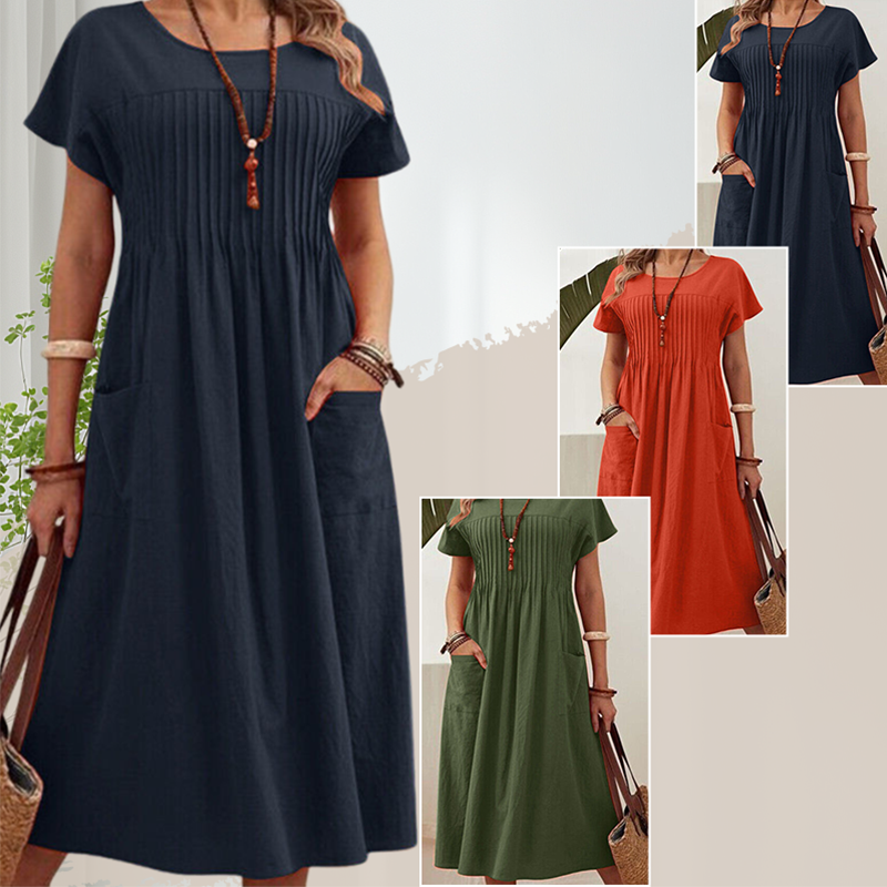 Plissiertes Midikleid mit kurzen Ärmeln und Taschen