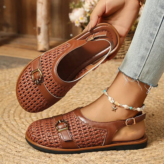 Damen Sandalen in geflochtenem Design mit flacher Sohle, Seitenansicht