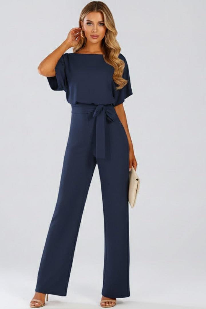 Damen-Jumpsuit mit weitem Bein und Gürtel mit elegantem Fall