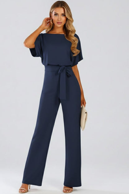 Damen-Jumpsuit mit weitem Bein und Gürtel mit elegantem Fall