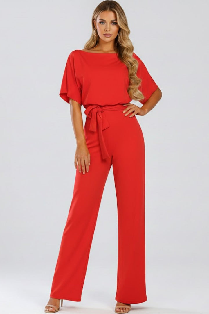 Damen-Jumpsuit mit weitem Bein und Gürtel im detailreichen Look