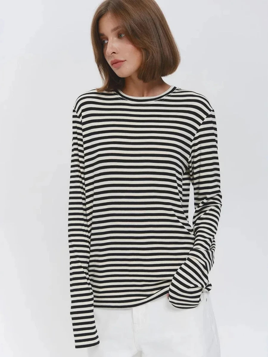 Damen Langarm-T-Shirt aus Baumwolle mit Streifenmuster