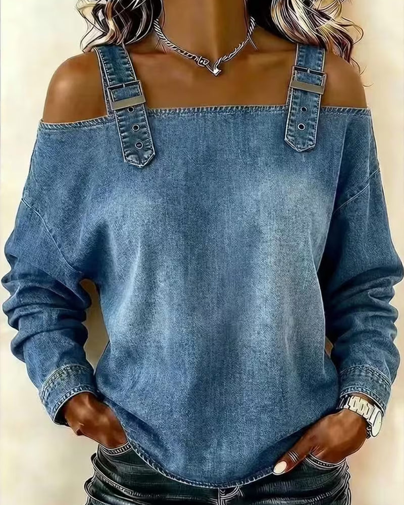 Damen Jeansbluse mit Cut-out Schultern und Langarm in Denim-Optik