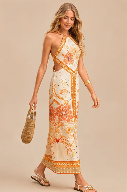 Damen Midikleid mit Blumenprint und Neckholder, Detailansicht des Oberteils