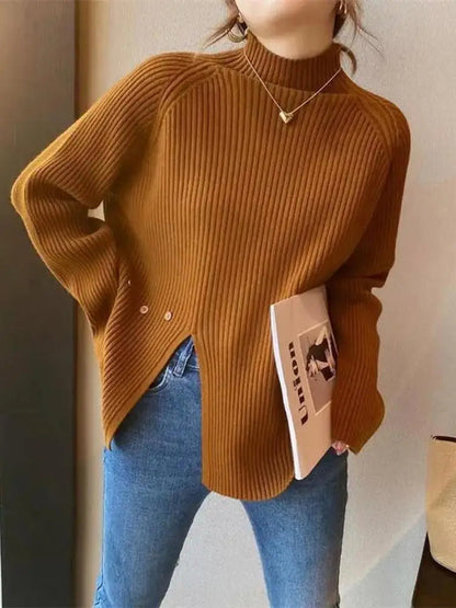 Damen Strickpullover mit Rollkragen und Knopf-Schlitz-Detail