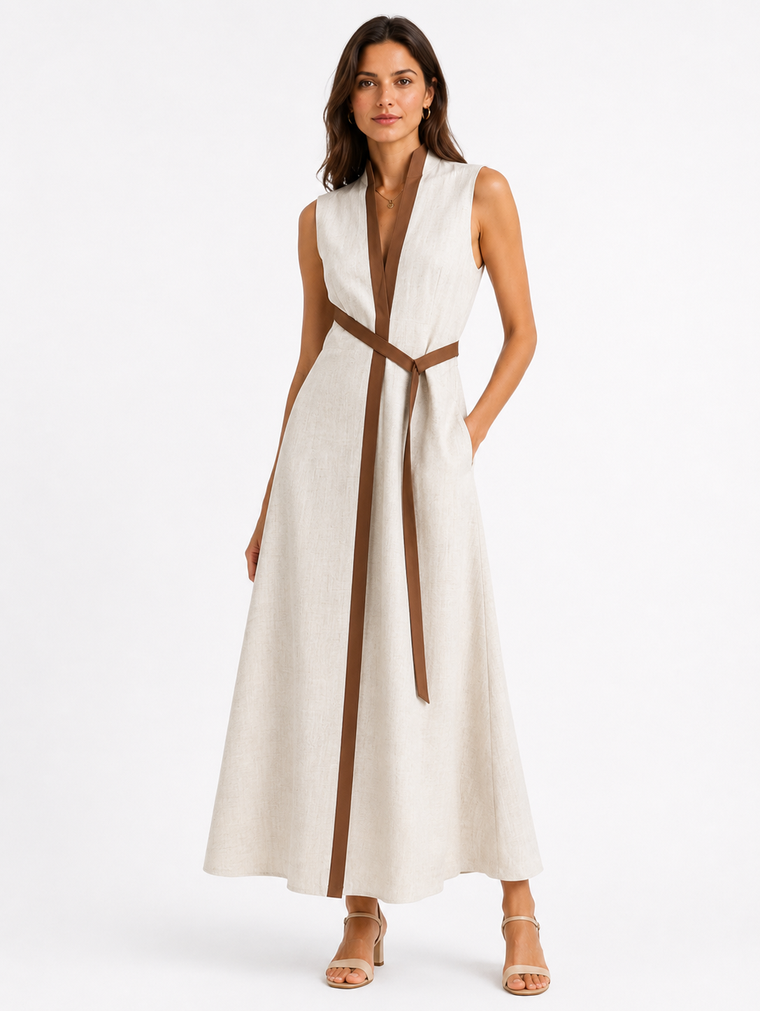 Damen Ärmelloses Lockeres Midi-Kleid mit Stehkragen