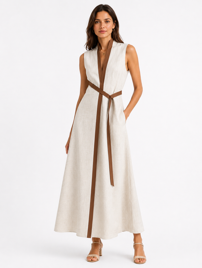 Damen Ärmelloses Lockeres Midi-Kleid mit Stehkragen