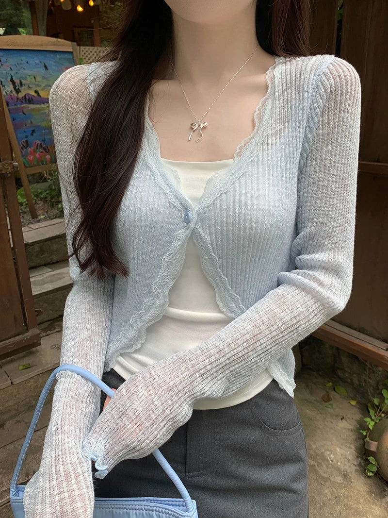 Damen Rippstrick Cropped Pullover mit Spitzenbesatz