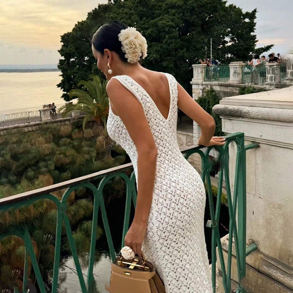 Gehäkeltes Maxikleid mit offenem Rücken Weiß