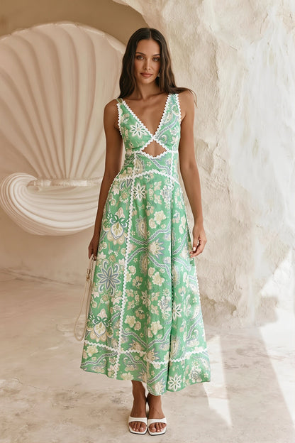Damen Maxikleid mit Blumenprint und Spitzeneinsatz in langer Boho-Silhouette