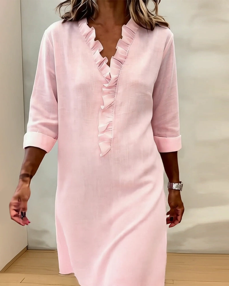 Luftiges Leinenmischgewebe Kleid mit Rüschensaum