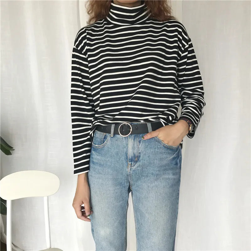 Damen Locker sitzende gestreifte Rollkragenbluse, leichtgewichtige Qualität