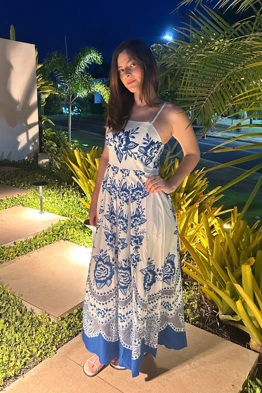 Spaghettiträger Polyester Midi Kleid Blau