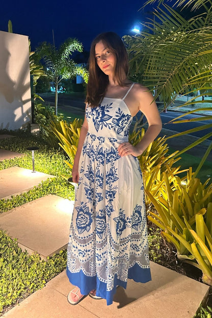 Spaghettiträger Polyester Midi Kleid Blau