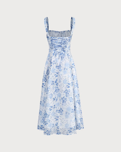 Blaues Midikleid mit Blumendruck, Raffung und quadratischem Ausschnitt