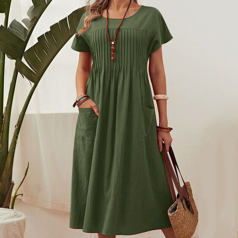 Plissiertes Midikleid mit kurzen Ärmeln und Taschen