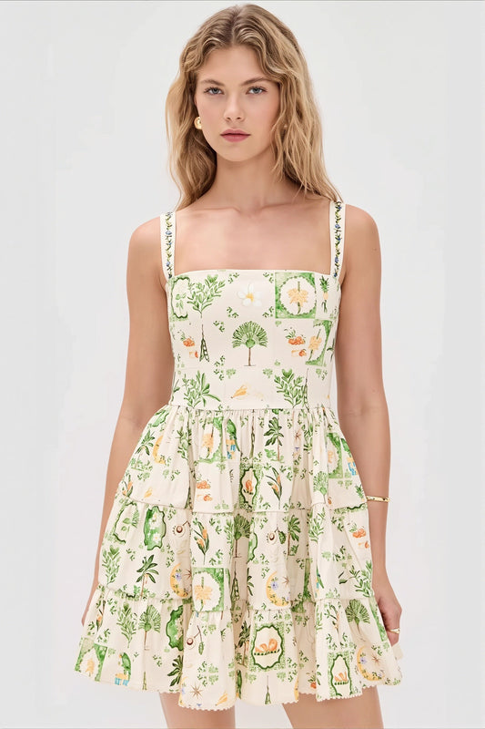 Damen-Midikleid mit Pflanzenprint und eckigem Ausschnitt in Vorderansicht