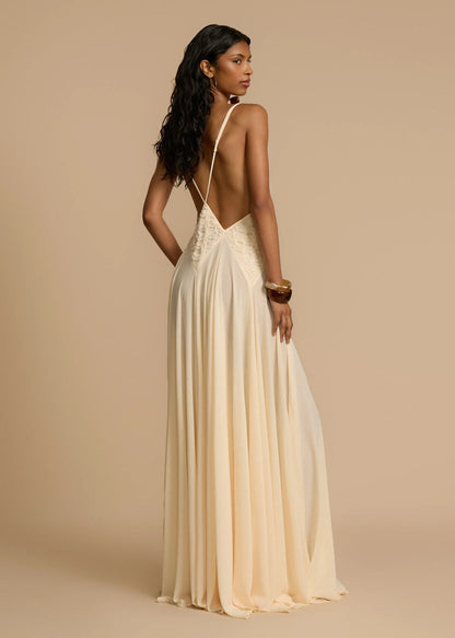 Weißes Maxikleid mit tiefem V-Ausschnitt und Spitze, luftig, für den Urlaub, Cami-Kleid