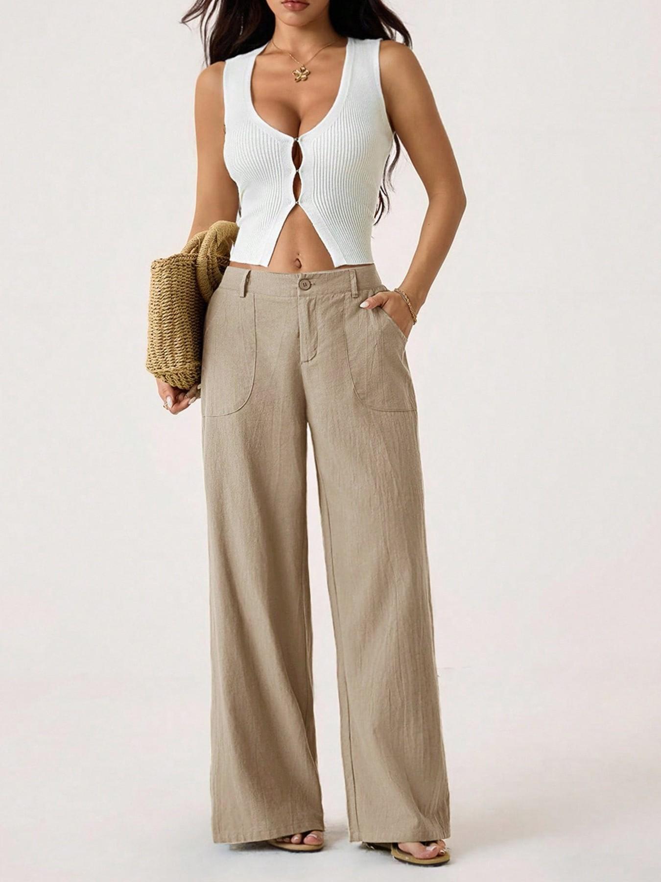 Damen Wide-Leg-Hose aus Baumwolle und Leinen mit hoher Taille in Frontansicht
