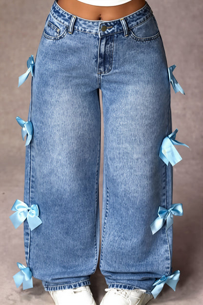 Damen Straight Leg Jeans Mit Schleifendetail Und Washed Look