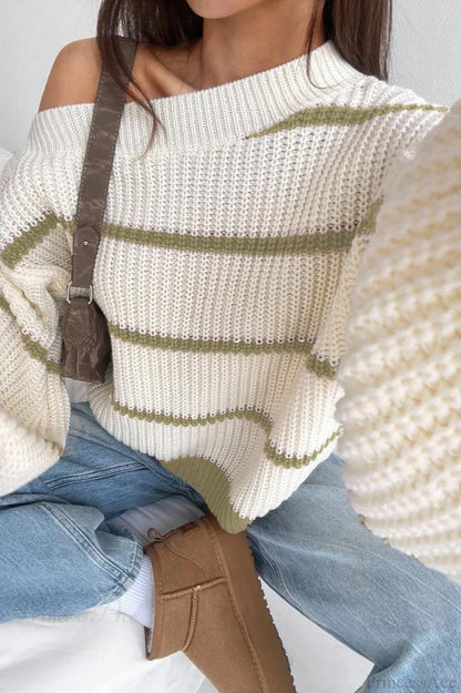 Damen Strickpullover Off Shoulder mit Streifen als kompletter Look