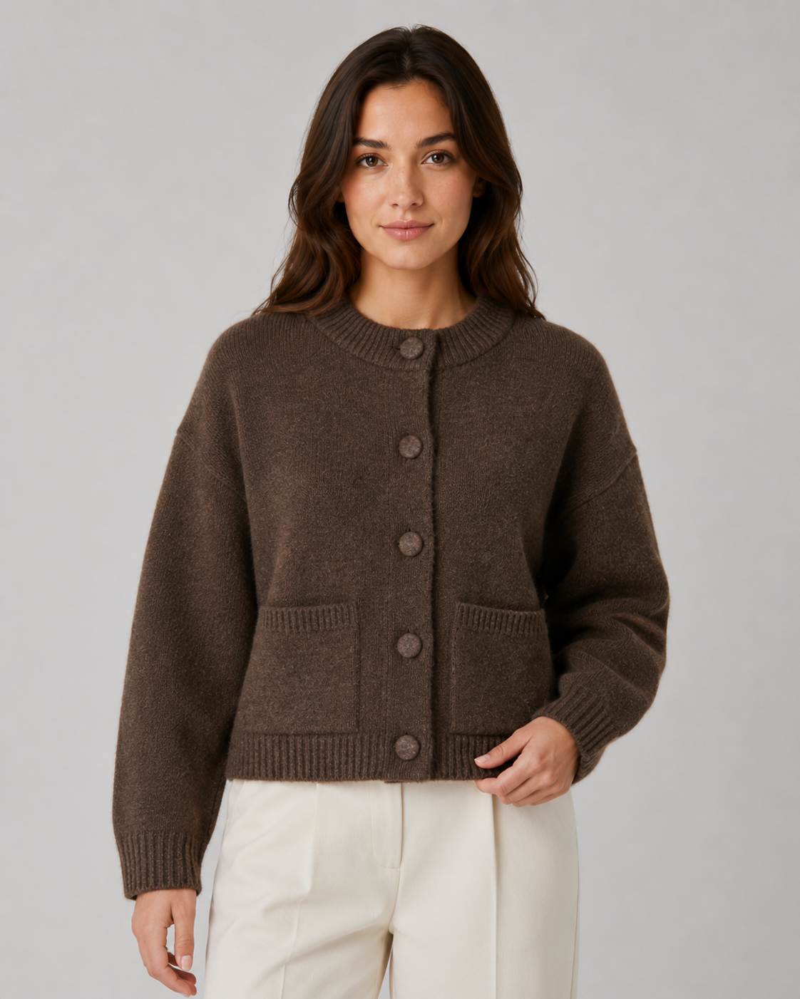 Damen Cropped Strickjacke Aus Grobstrick Mit Taschen