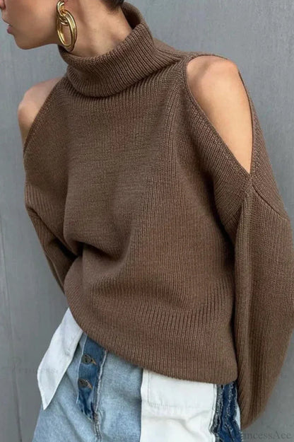 Damen Strickpullover mit Rollkragen und Cut-Out an den Schultern in lockerer Passform