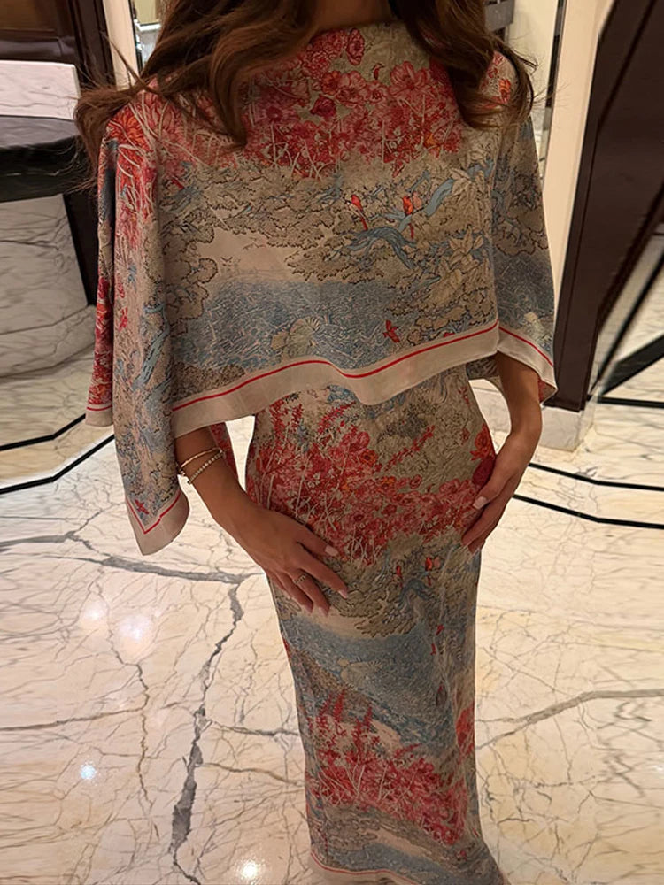 Damen Enges Blumenmuster-Maxikleid mit Cape-Überwurf und Stola